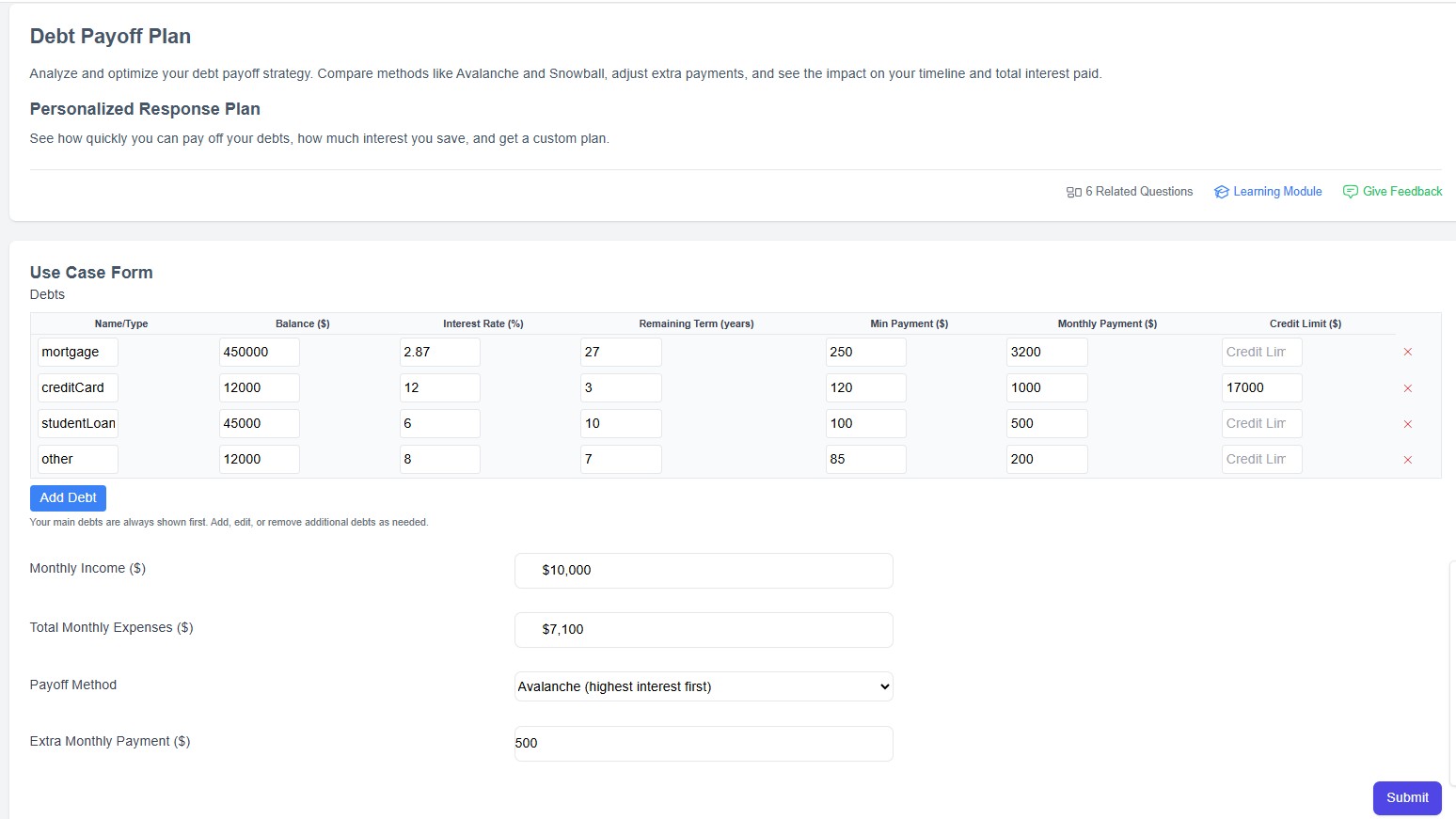 Debt payoff calculator dashboard